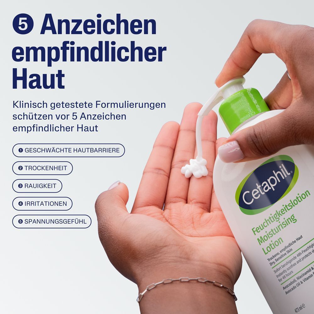 Lotion wird in eine Handfläche gegeben. "5 Anzeichen empfindlicher Haut" werden aufgelistet.