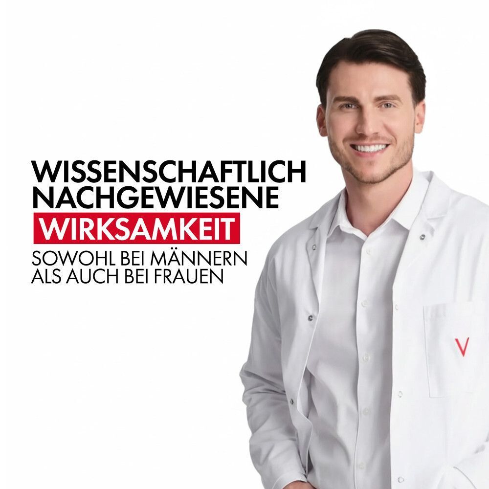 Mann in weißem Arztkittel lächelt. Text: Wissenschaftlich nachgewiesene Wirksamkeit bei Männern und Frauen.
