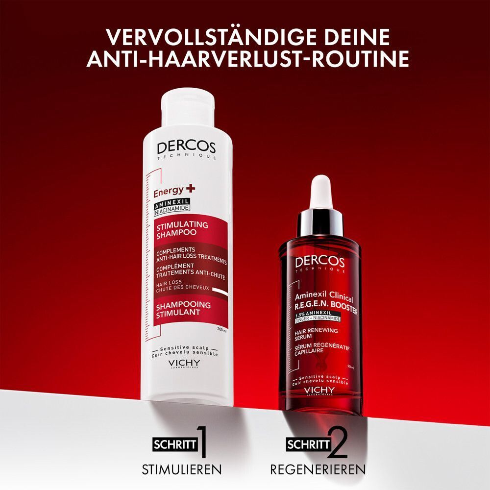 Vichy Dercos Shampoo und Aminexil Clinical R.E.G.E.N. Booster Serum. Schritt 1: Stimulieren, Schritt 2: Regenerieren.
