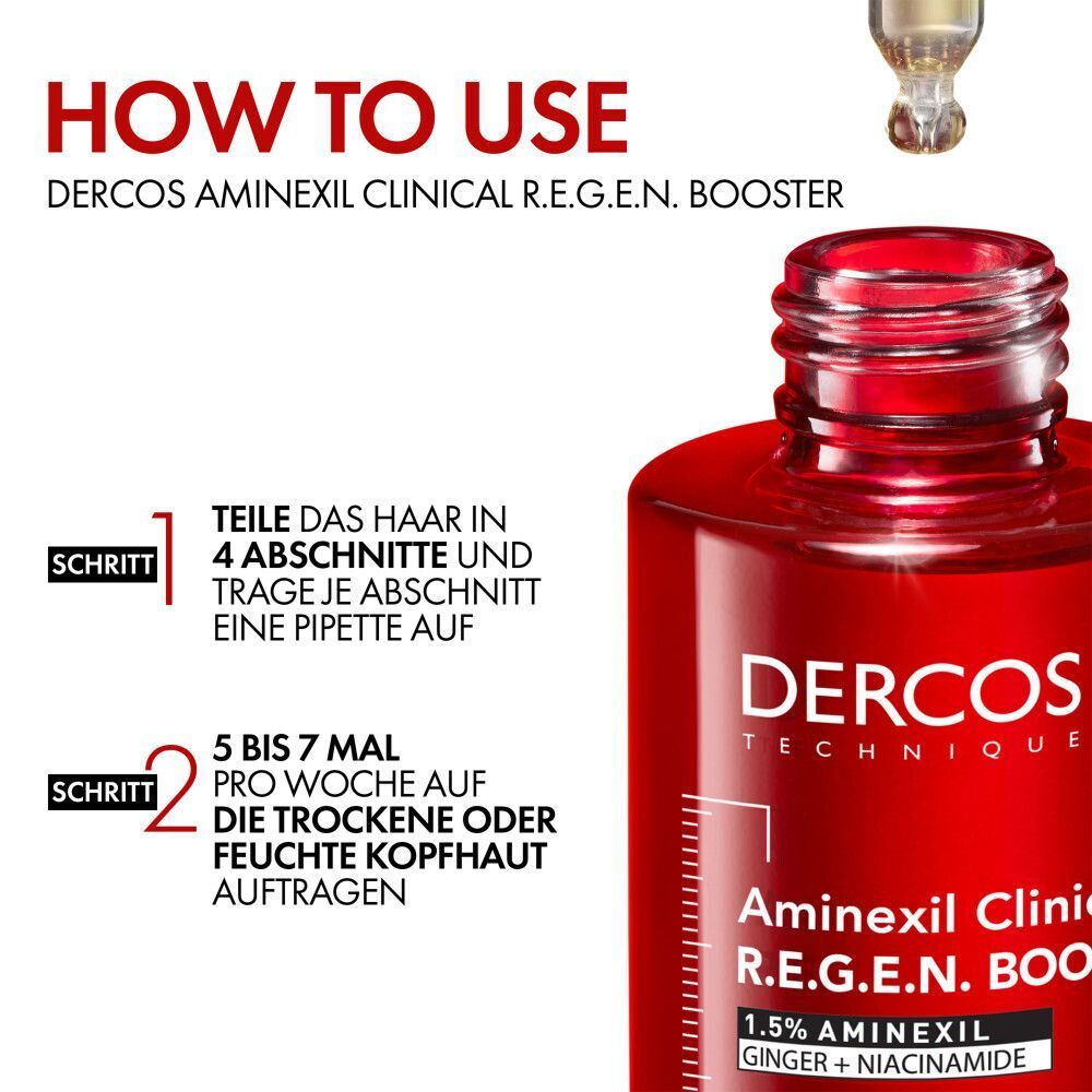 Anwendung des Vichy Dercos Aminexil Clinical R.E.G.E.N. Booster Serums. Pipette mit Serum auf Kopfhaut.