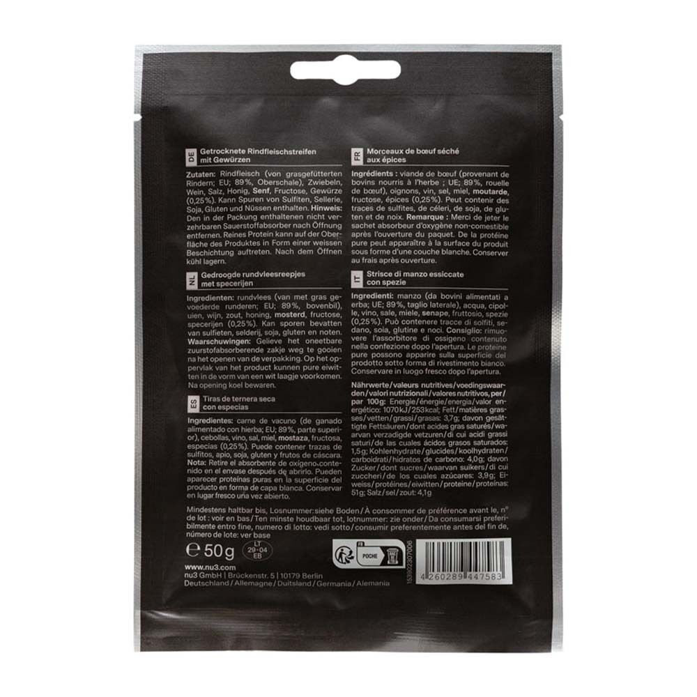 Rückseite einer Packung nu3 Rinder-Jerky, Original. Nährwertangaben und Zutaten aufgeführt.