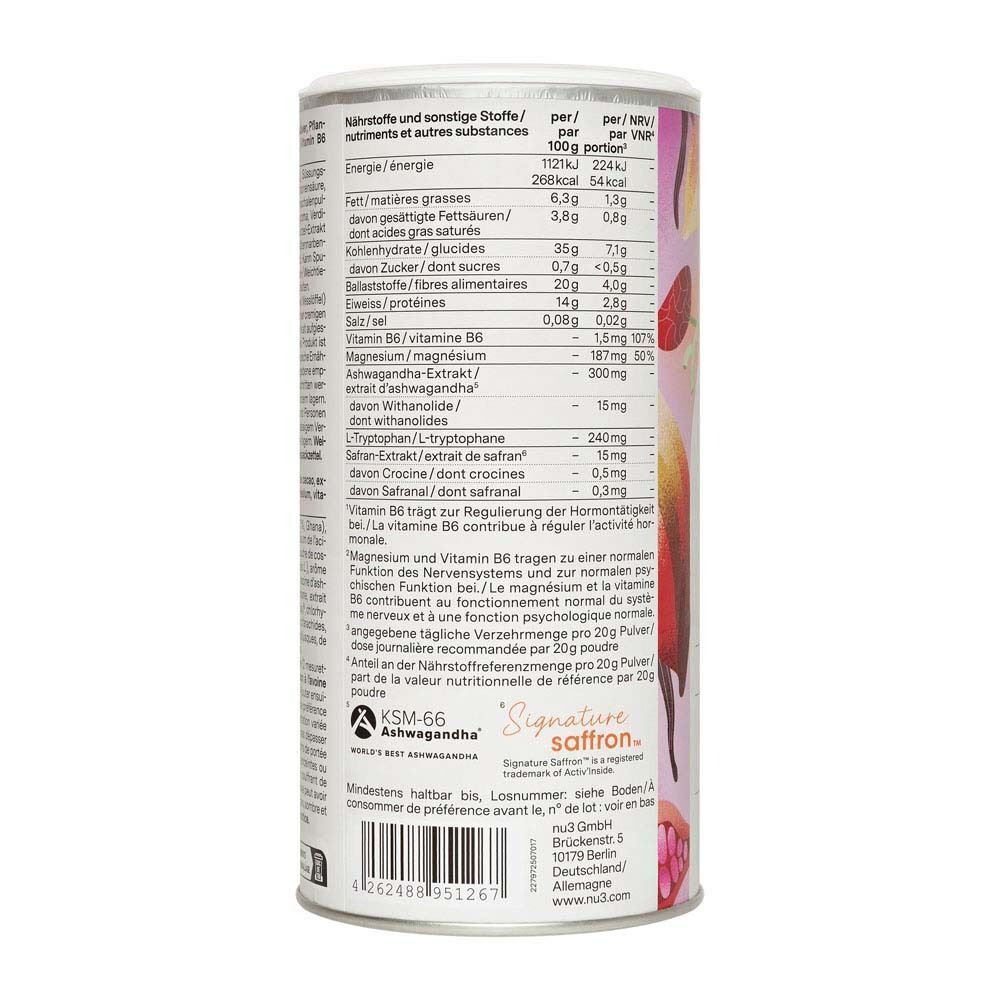 Detailansicht der Rückseite einer Dose nu3 Balancing Hot Cocoa mit Nährwertangaben.