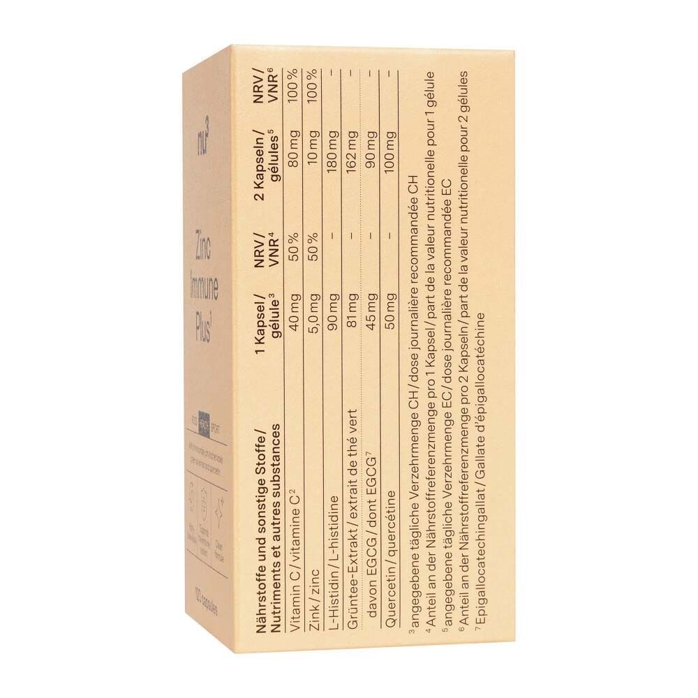 Rückseite einer Packung nu3 Zink Immun Plus mit Nährwertangaben und Inhaltsstoffen.
