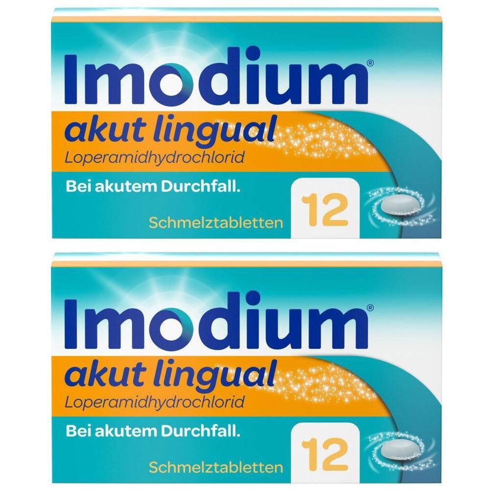 IMODIUM akut lingual Schmelztabletten Packung mit 12 Stück.