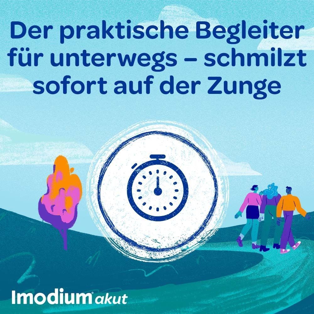 IMODIUM akut lingual: Schmilzt sofort auf der Zunge, praktisch für unterwegs.