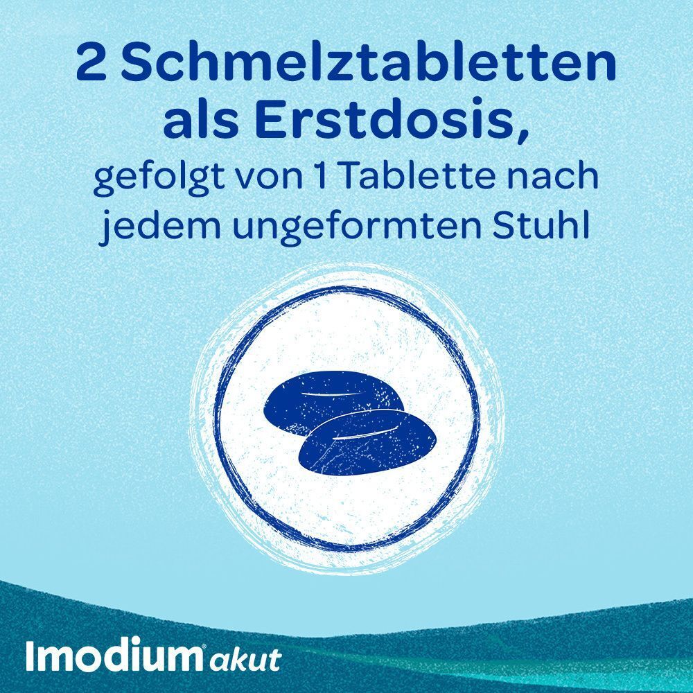 IMODIUM akut lingual: 2 Schmelztabletten als Erstdosis.