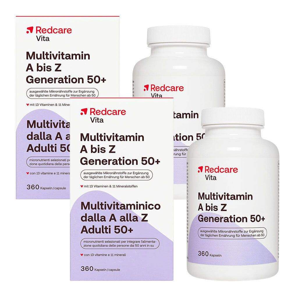 Zwei Packungen und zwei Flaschen Redcare Vita Multivitamin A bis Z Generation 50+ mit je 360 Kapseln.