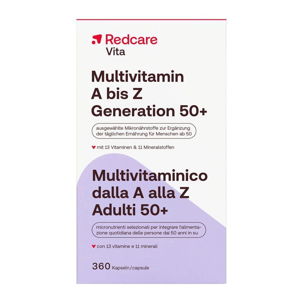 Verpackung Redcare Vita Multivitamin A bis Z Generation 50+ mit 360 Kapseln.