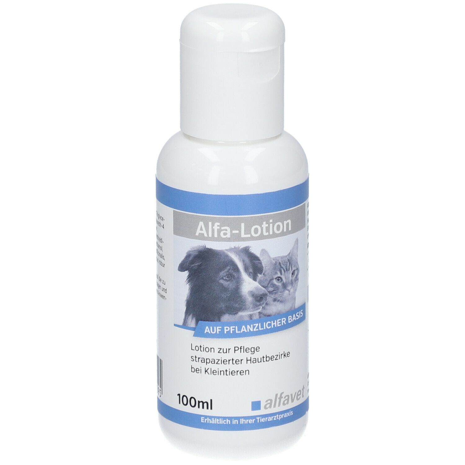 Weiße Flasche mit blauem Streifen und Aufschrift Alfa-Lotion. Abbildung von Hund und Katze. 100ml.