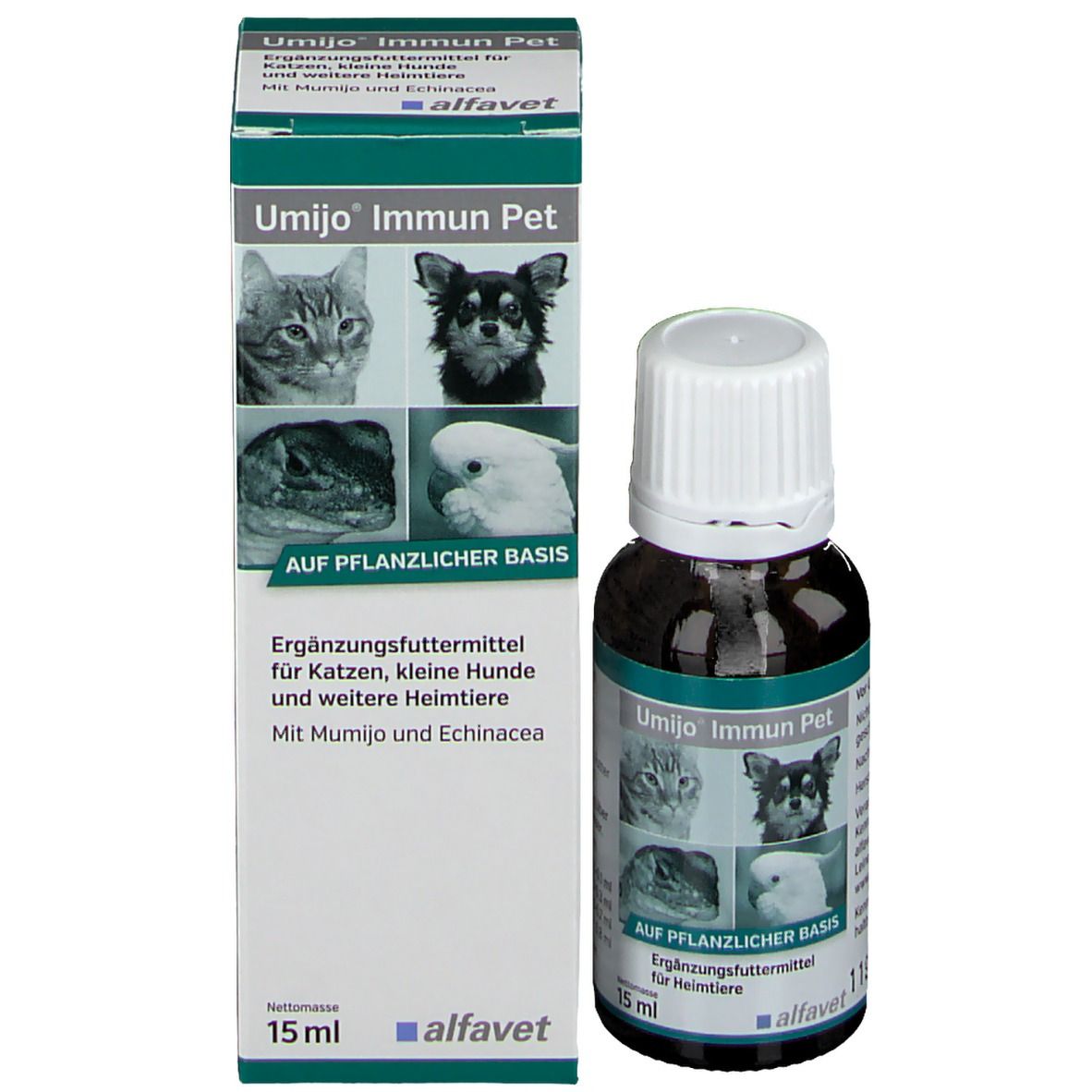 Produktverpackung mit Flasche. Aufschrift: Umijo Immun Pet, Ergänzungsfuttermittel für Katzen, kleine Hunde und weitere Heimtiere. 15 ml.