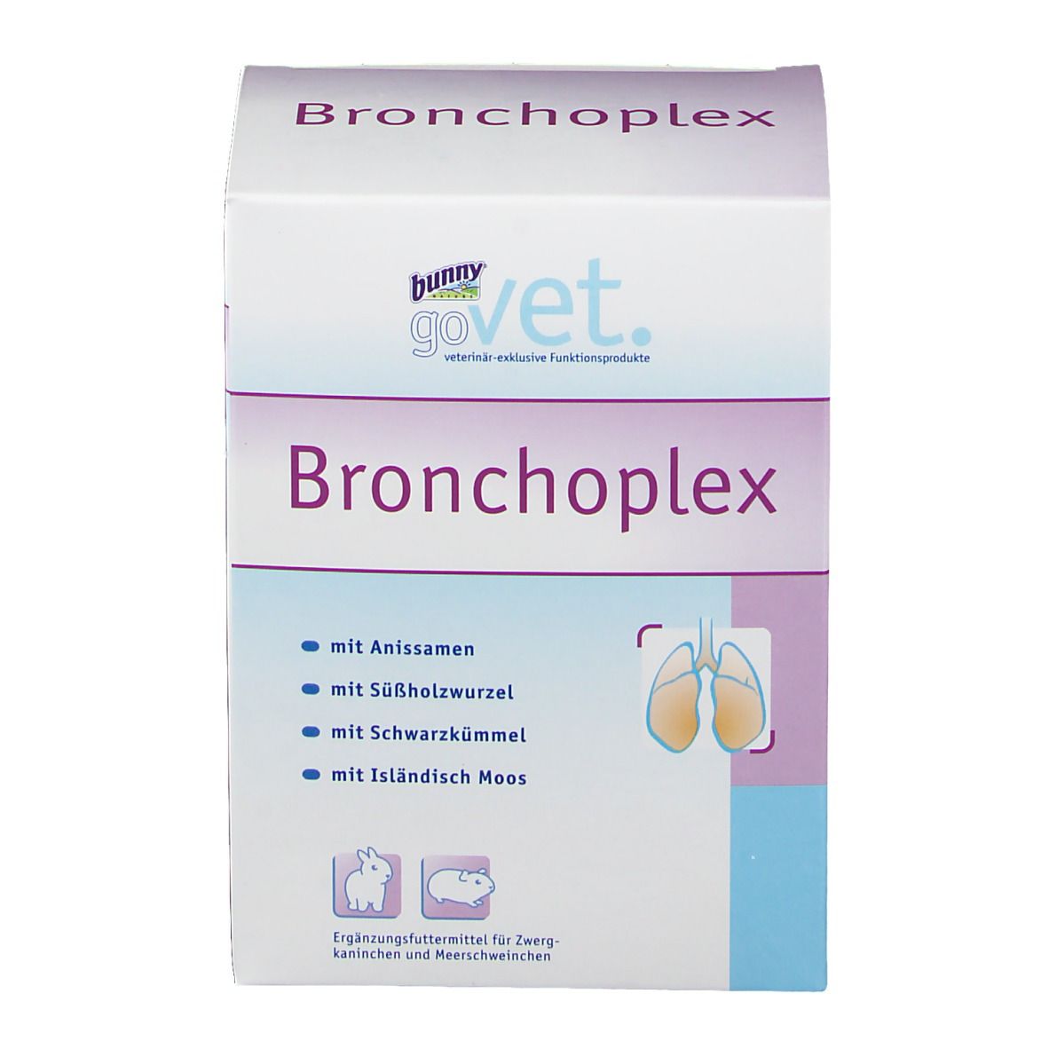 goVet Bronchoplex-Verpackung. Weißer Karton mit Produktnamen und Inhaltsstoffen. Abbildung von Lunge.