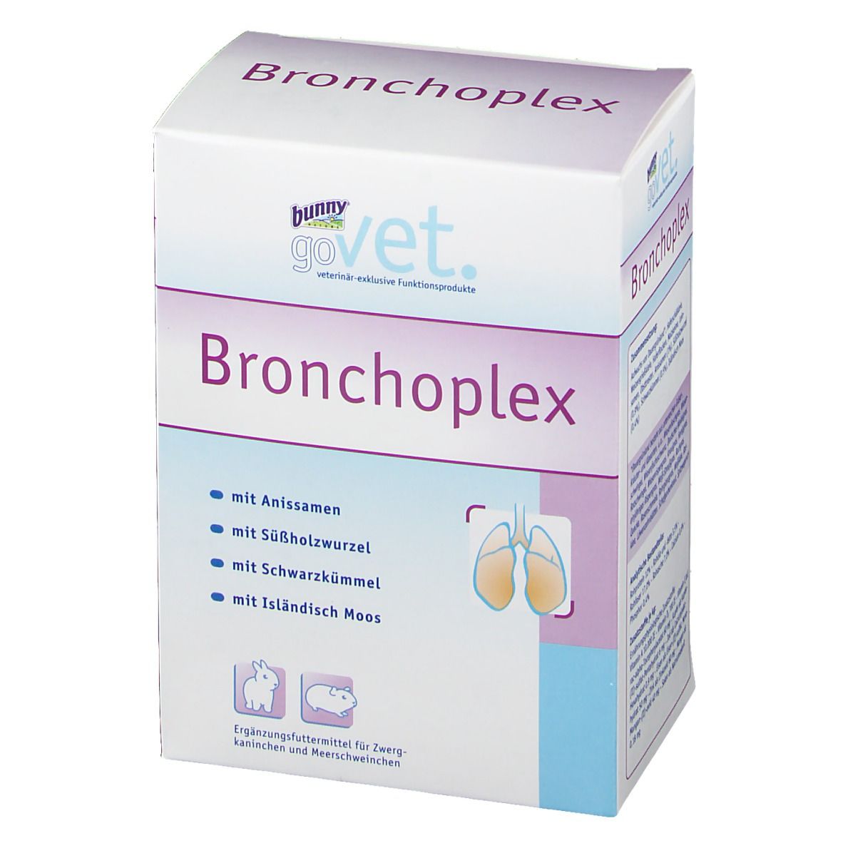 goVet Bronchoplex-Verpackung. Weißer Karton mit Produktnamen und Inhaltsstoffen. Abbildung von Lunge.