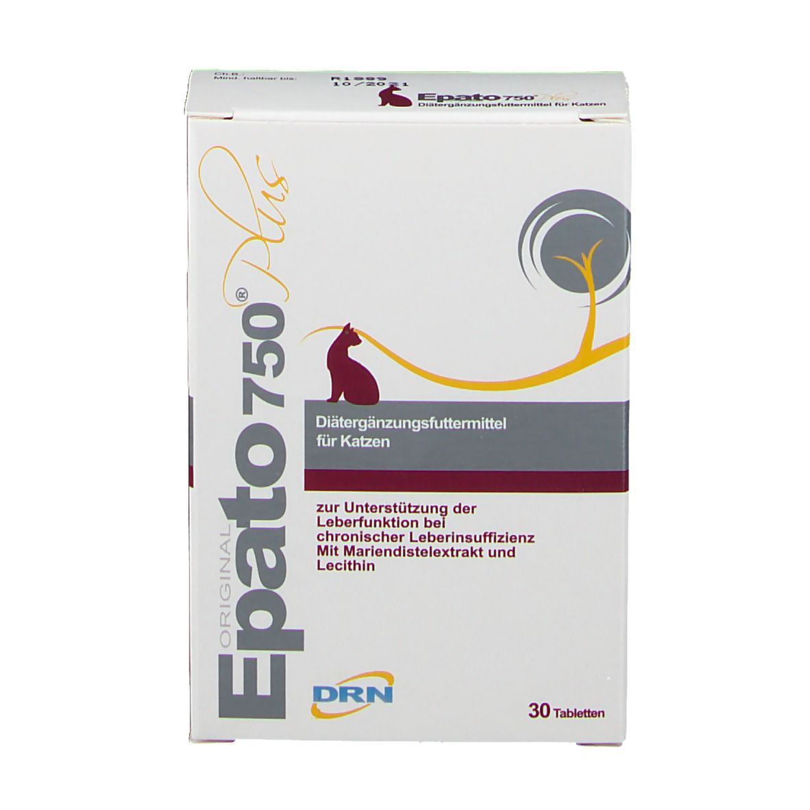 Karton von Epato 750 Plus. Weiß, mit Produktnamen, Katze-Silhouette, und Text. 30 Tabletten.