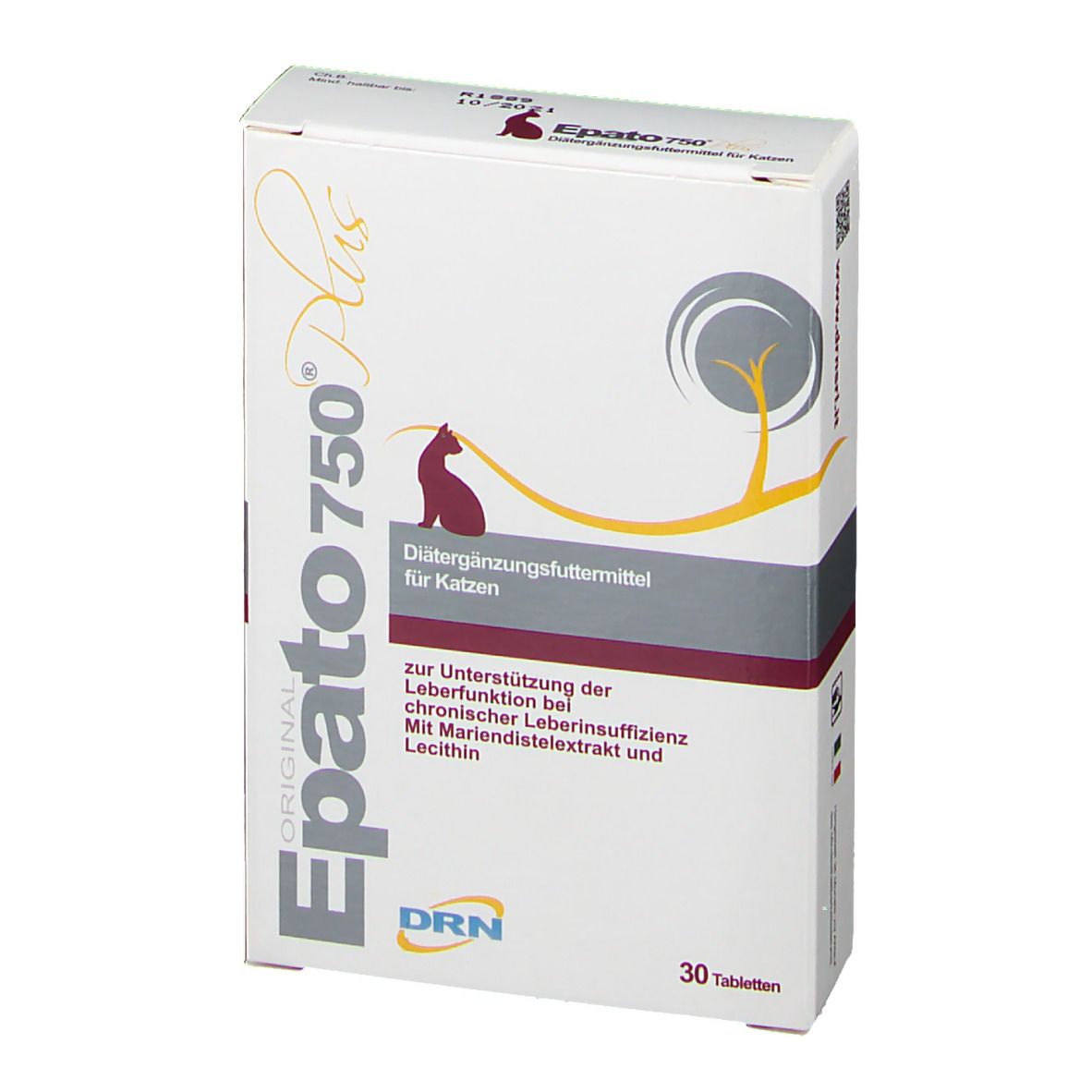 Karton von Epato 750 Plus. Weiß, mit Produktnamen, Katze-Silhouette, und Text. 30 Tabletten.