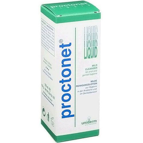 Weiß-grüne Schachtel mit Produktnamen proctonet® LIQUID. Text: Milde Reinigungslotion für Anal- und Genitalbereich. Marke: uniderm.