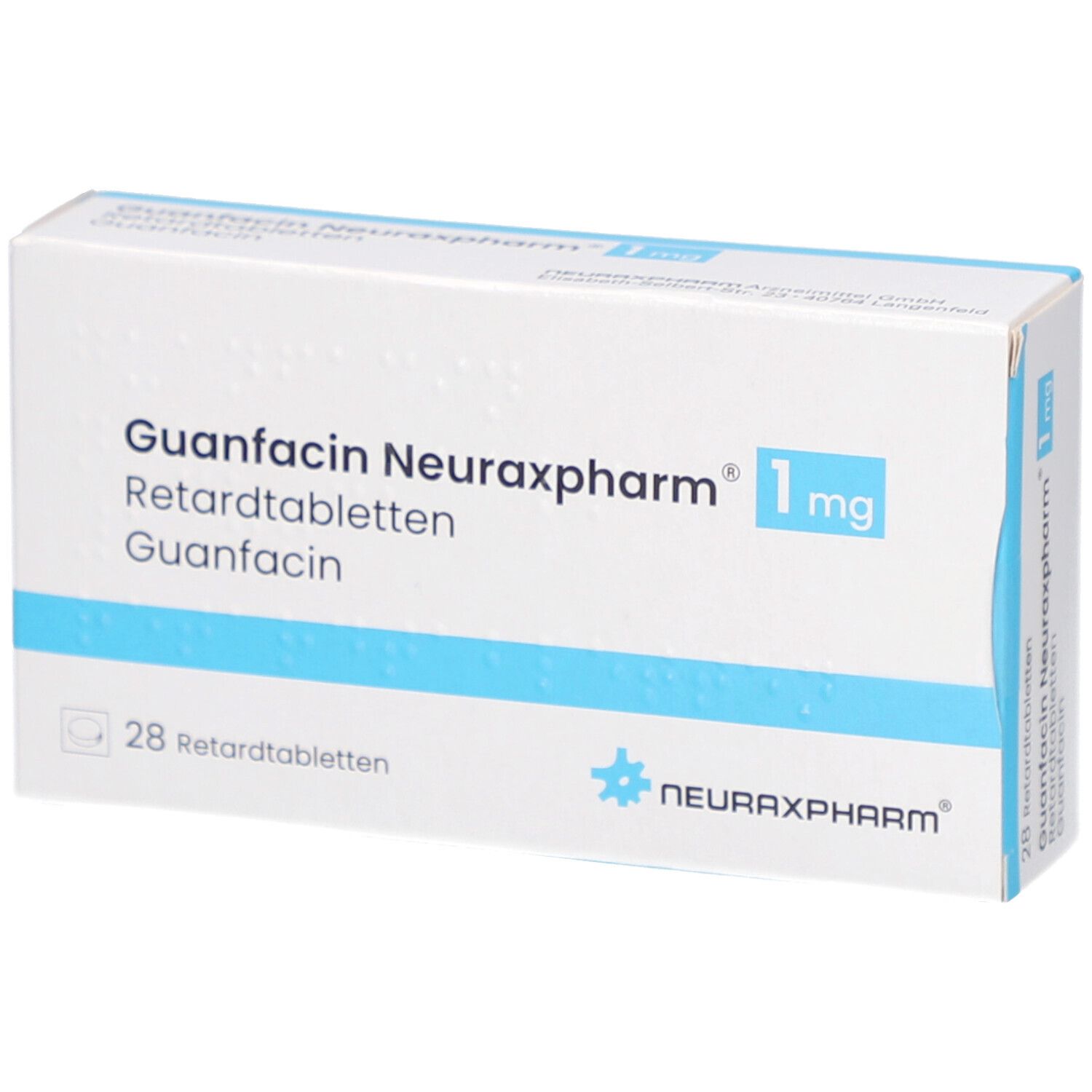 Schachtel GUANFACIN Neuraxpharm 1 mg Retardtabletten. 28 Tabletten. Logo Neuraxpharm. Blaue und weiße Verpackung.