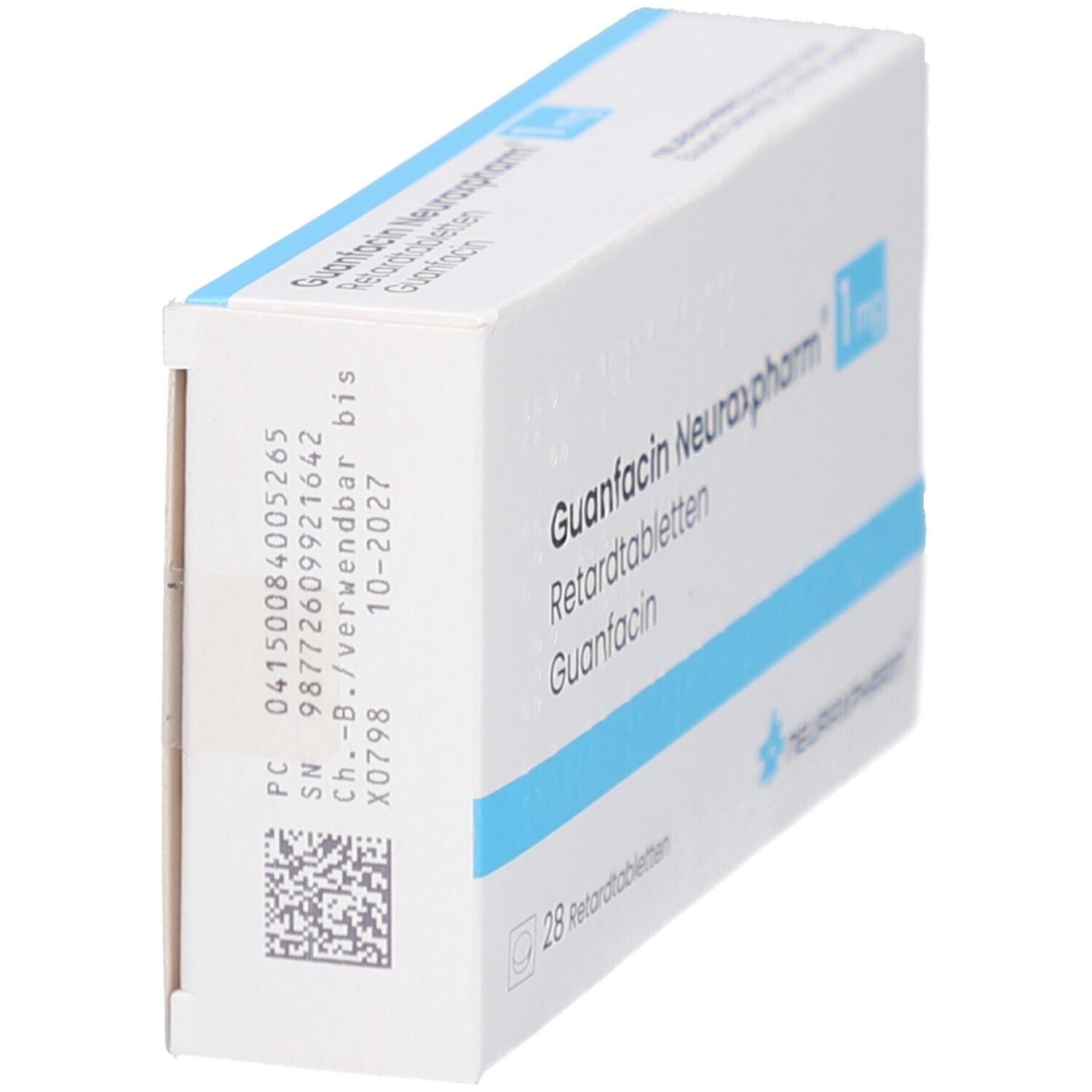 Schachtel GUANFACIN Neuraxpharm 1 mg Retardtabletten. Seitenansicht mit Chargennummer und Verfallsdatum.