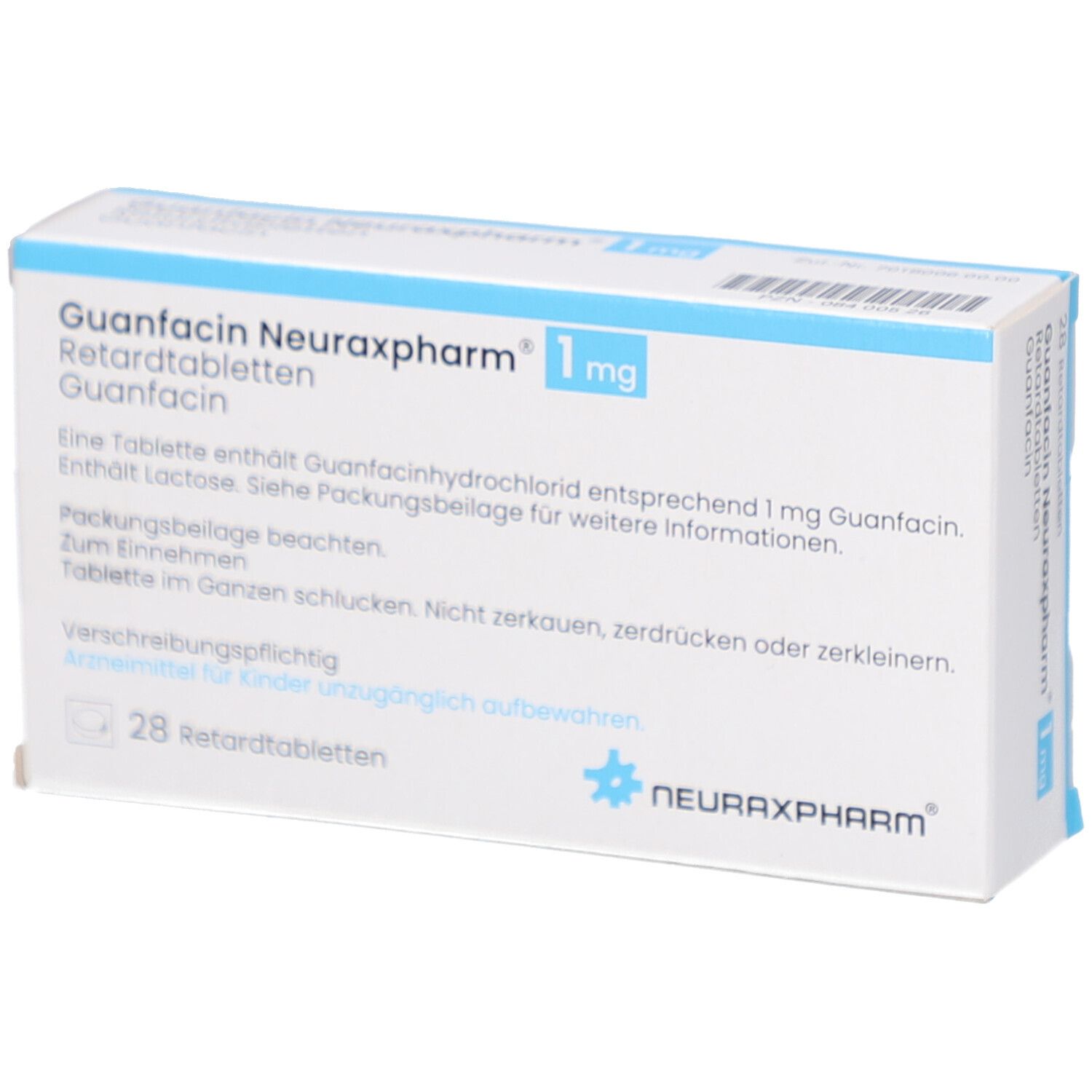 Schachtel GUANFACIN Neuraxpharm 1 mg Retardtabletten. Textinformationen. 28 Tabletten. Logo Neuraxpharm.