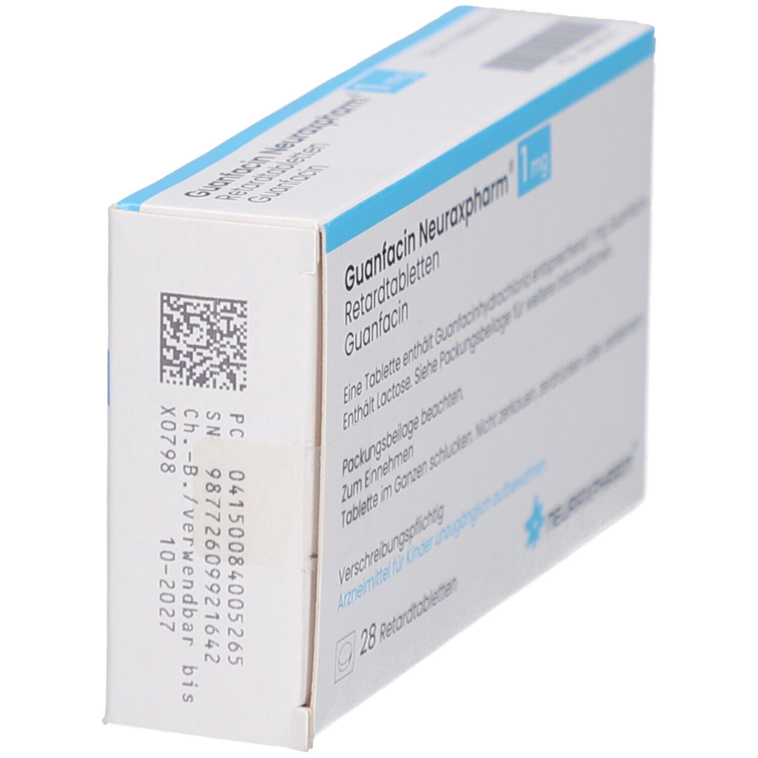 Schachtel GUANFACIN Neuraxpharm 1 mg Retardtabletten. Seitenansicht mit Chargennummer und Verfallsdatum.