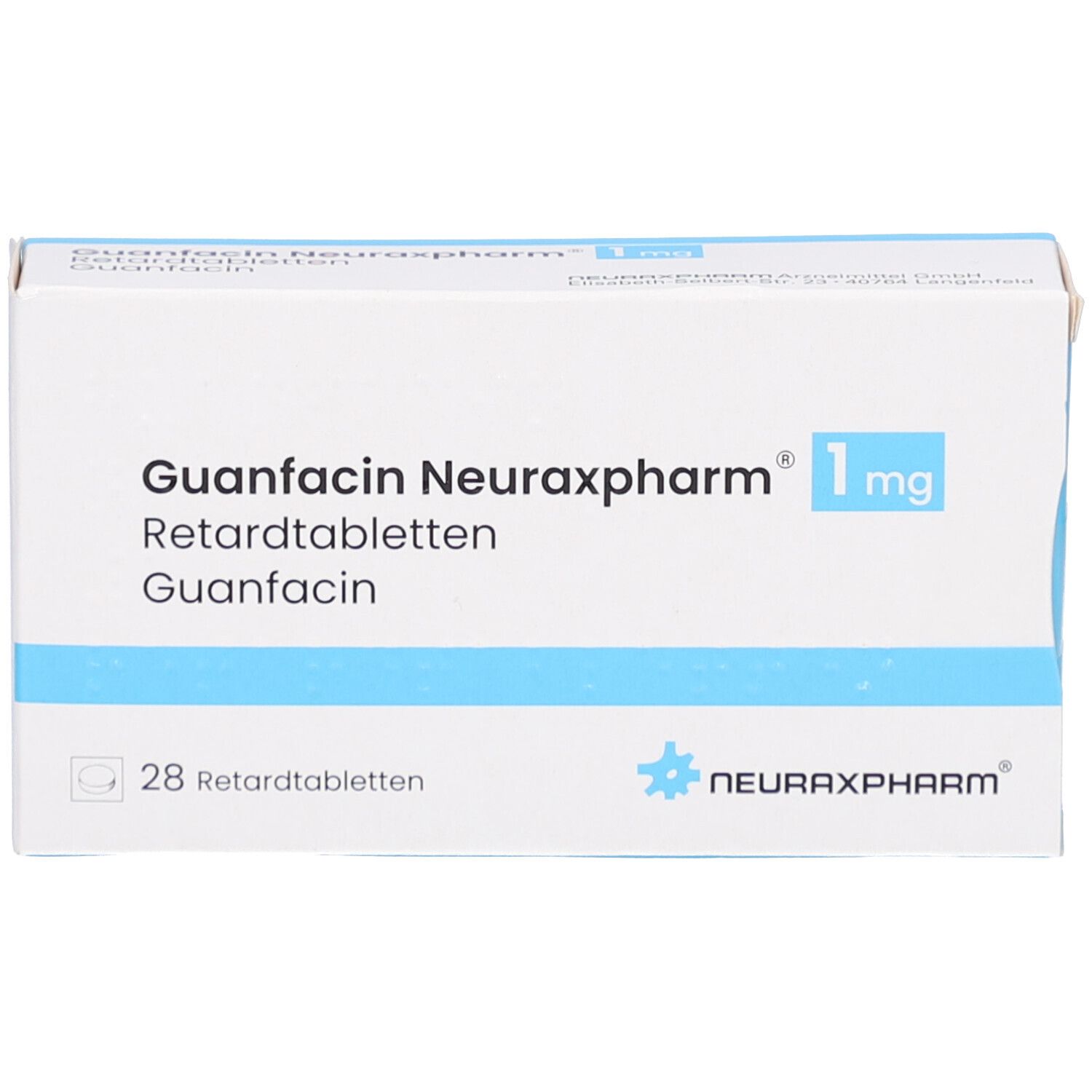 Schachtel GUANFACIN Neuraxpharm 1 mg Retardtabletten. 28 Tabletten. Logo Neuraxpharm. Blaue und weiße Verpackung.