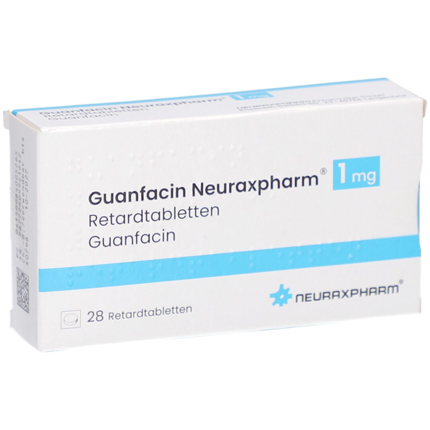 Schachtel GUANFACIN Neuraxpharm 1 mg Retardtabletten. 28 Tabletten. Logo Neuraxpharm. Blaue und weiße Verpackung.