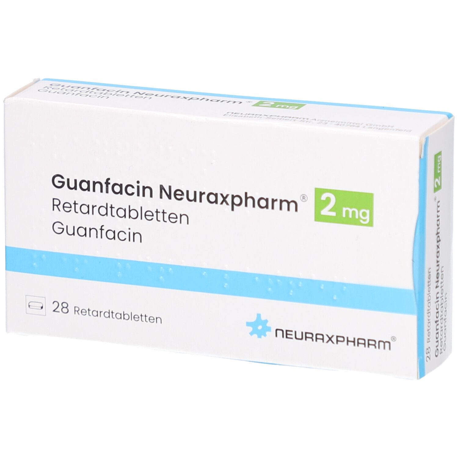 Schachtel GUANFACIN Neuraxpharm 2 mg Retardtabletten. Weiß, blau und grün. 28 Tabletten. Logo Neuraxpharm.