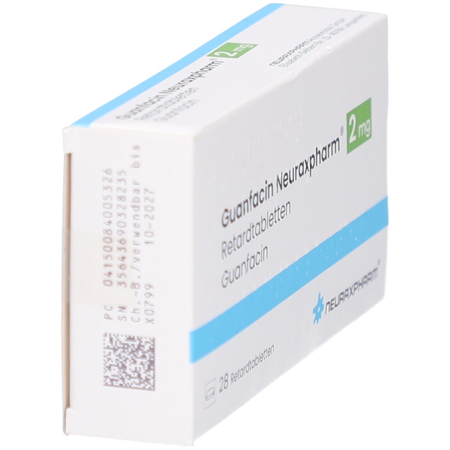 Schachtel GUANFACIN Neuraxpharm 2 mg Retardtabletten. Weiß, blau und grün. Seitenansicht. Logo Neuraxpharm.