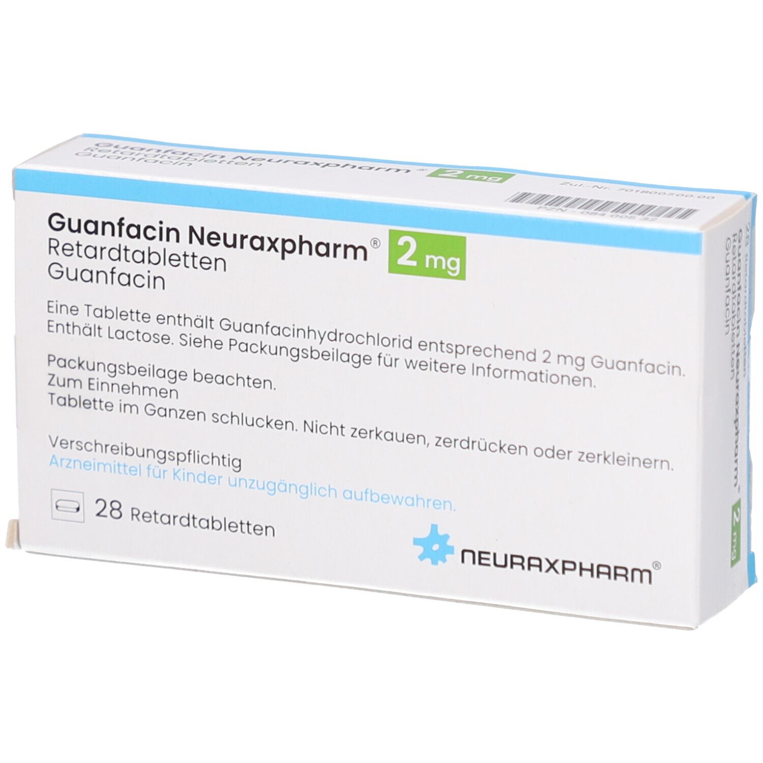 Schachtel GUANFACIN Neuraxpharm 2 mg Retardtabletten. Weiß, blau und grün. Text auf der Verpackung. 28 Tabletten. Logo Neuraxpharm.