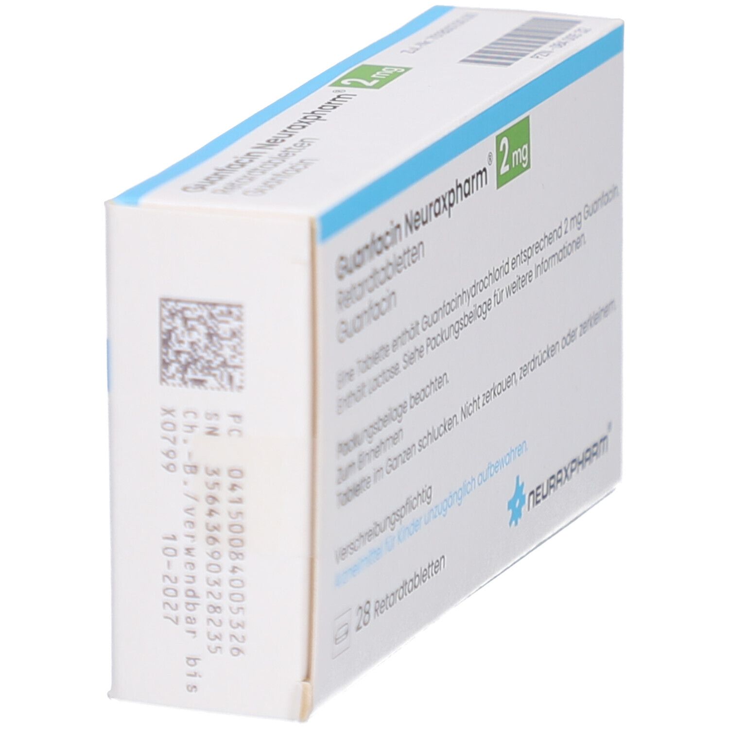Schachtel GUANFACIN Neuraxpharm 2 mg Retardtabletten. Seitenansicht. Weiß, blau und grün. Logo Neuraxpharm.