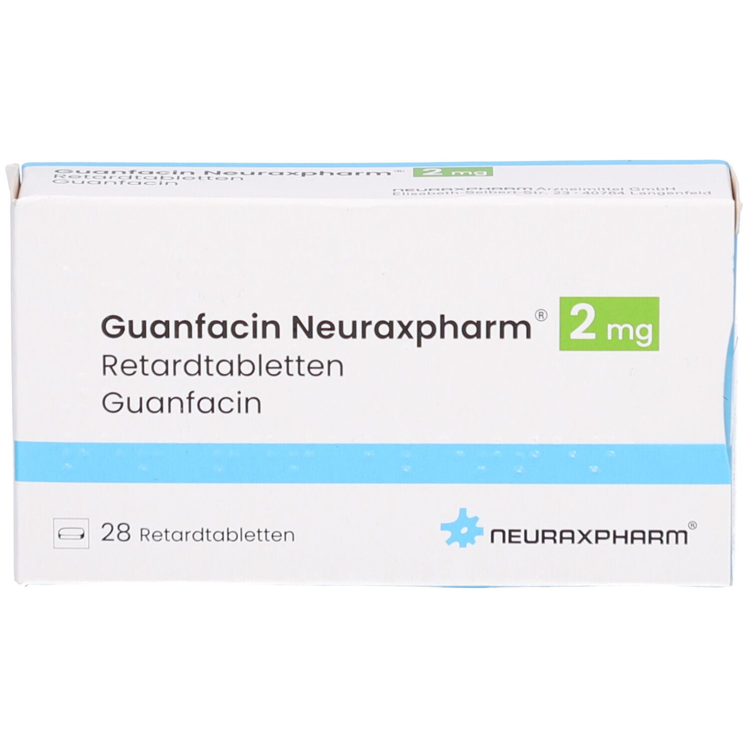 Schachtel GUANFACIN Neuraxpharm 2 mg Retardtabletten. Weiß, blau und grün. 28 Tabletten. Logo Neuraxpharm.