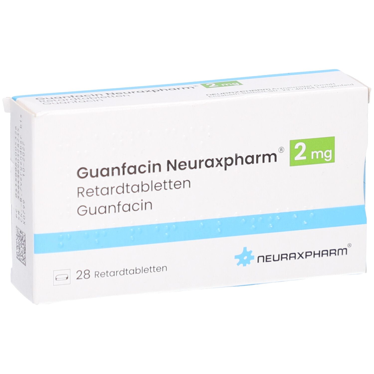 Schachtel GUANFACIN Neuraxpharm 2 mg Retardtabletten. Weiß, blau und grün. 28 Tabletten. Logo Neuraxpharm.
