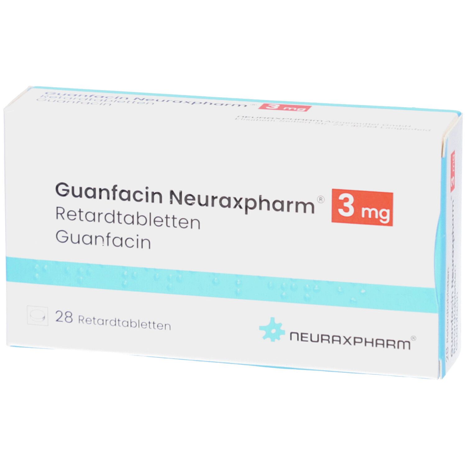 Schachtel mit GUANFACIN Neuraxpharm 3 mg Retardtabletten. Weiß, mit roter Schrift und Logo. 28 Tabletten.
