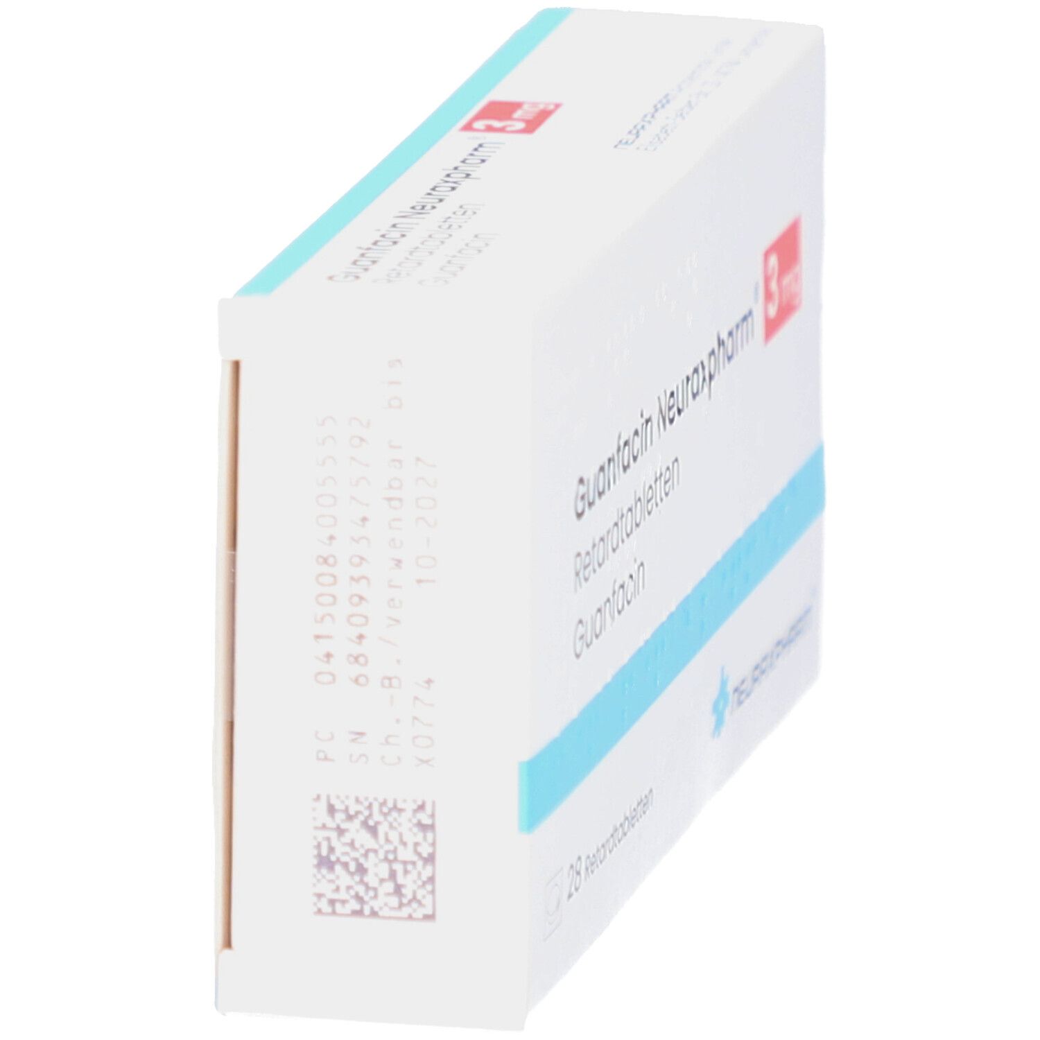 Schachtel GUANFACIN Neuraxpharm 3 mg Retardtabletten. Seitenansicht. Weiß mit roter Schrift. Barcode und Chargennummer.