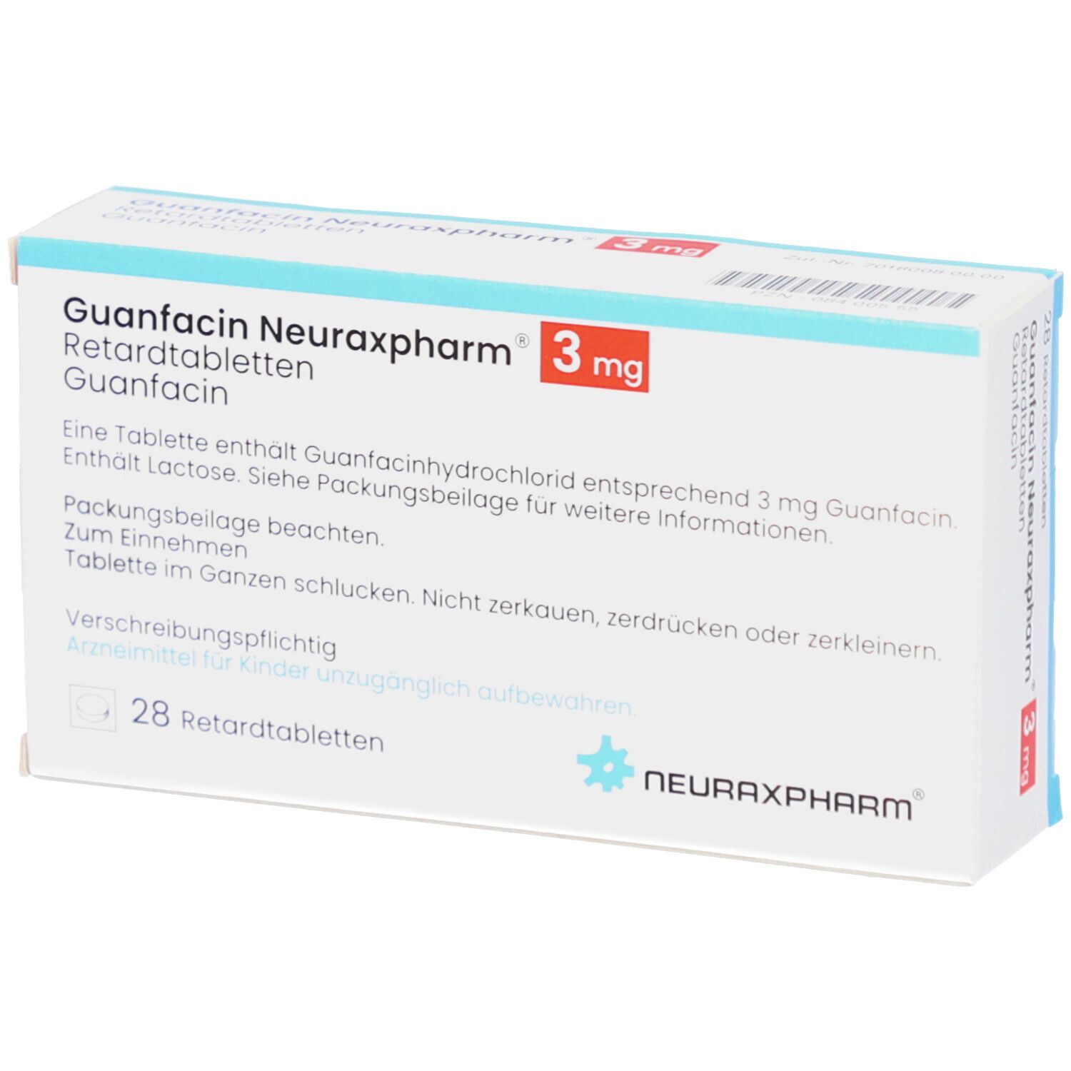 Schachtel GUANFACIN Neuraxpharm 3 mg Retardtabletten. Text mit Produktinformationen. Weiß, rote Schrift, Logo.