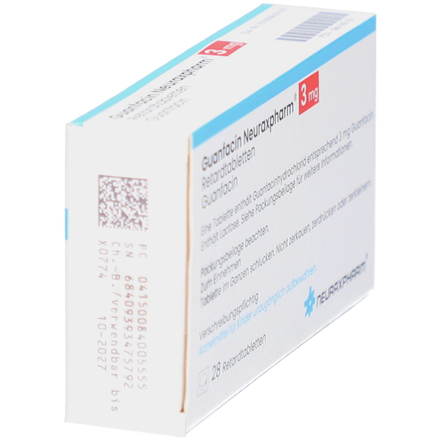 Schachtel GUANFACIN Neuraxpharm 3 mg Retardtabletten. Seitenansicht. Weiß, rote Schrift, Logo. Barcode und Chargennummer.