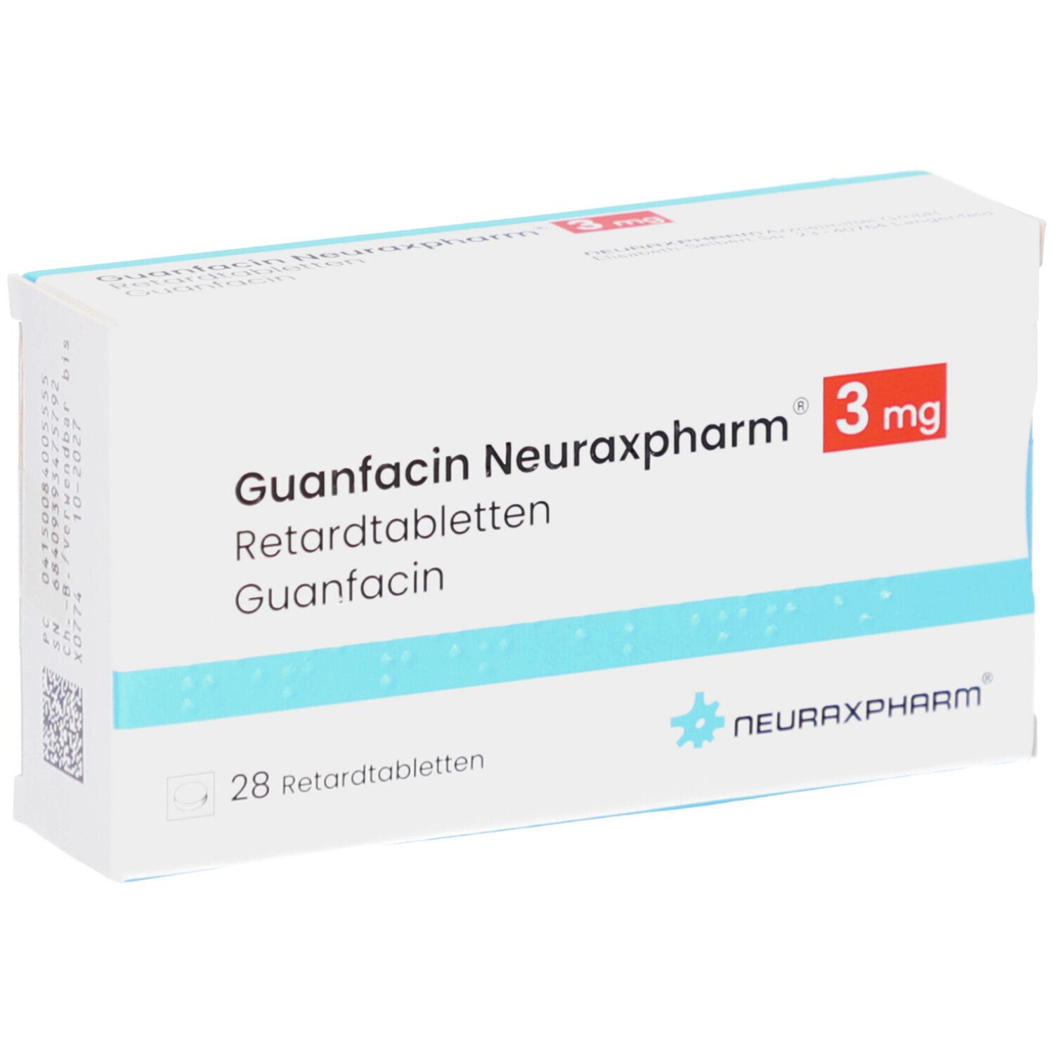 Schachtel GUANFACIN Neuraxpharm 3 mg Retardtabletten. Weiß, rote Schrift, Logo. 28 Tabletten.