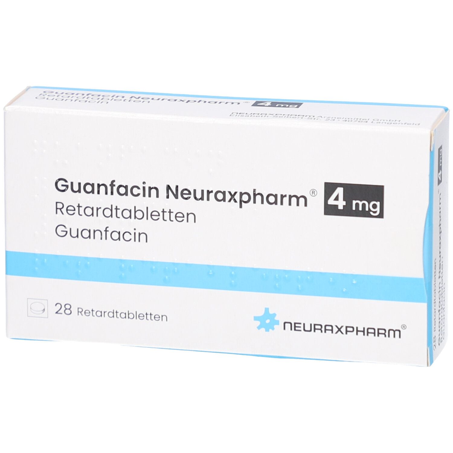 Schachtel mit GUANFACIN Neuraxpharm 4 mg Retardtabletten. Weiße Verpackung mit blauen Akzenten. 28 Tabletten.