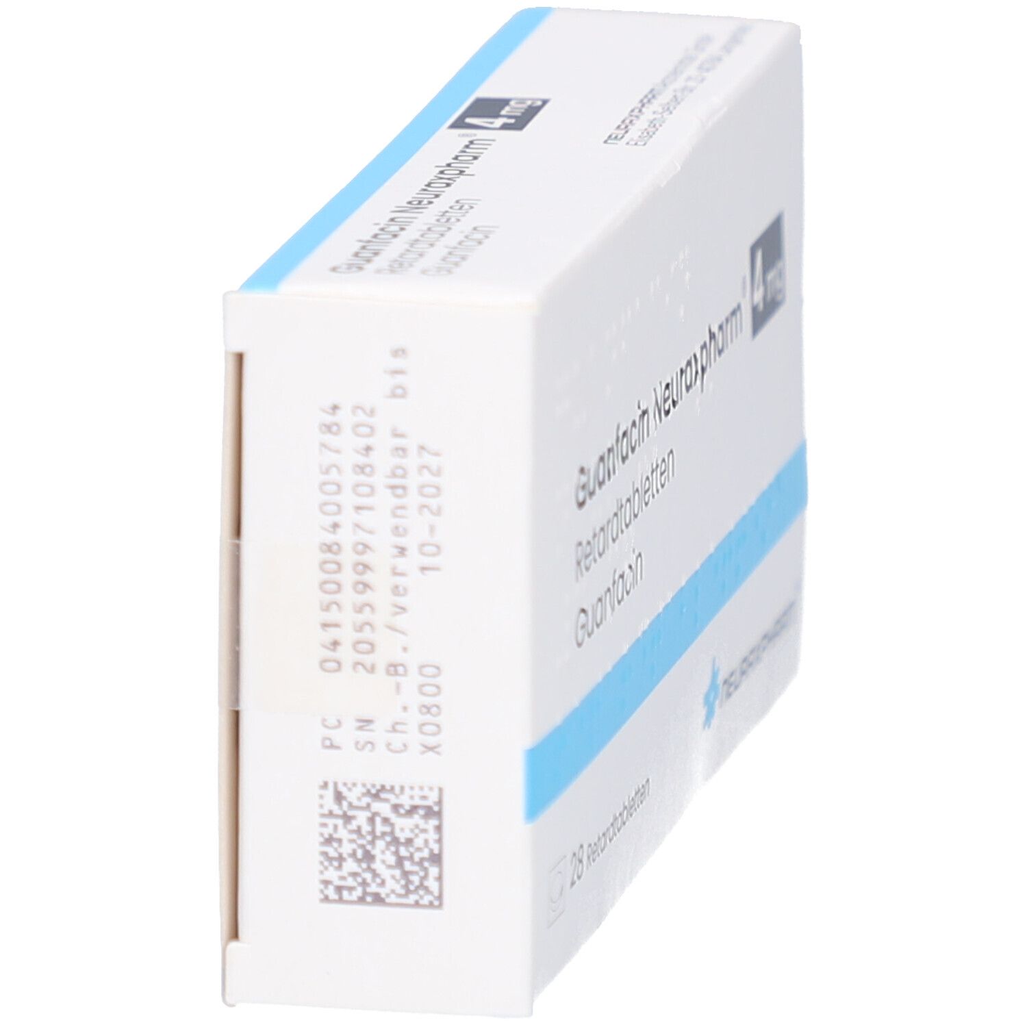 Seitenansicht der Schachtel mit GUANFACIN Neuraxpharm 4 mg. Weiße Verpackung mit Chargennummer und Verfallsdatum.