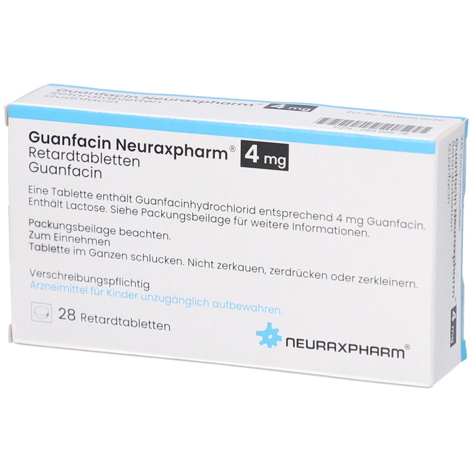 Schachtel mit GUANFACIN Neuraxpharm 4 mg Retardtabletten. Textinformationen auf der Verpackung. 28 Tabletten.