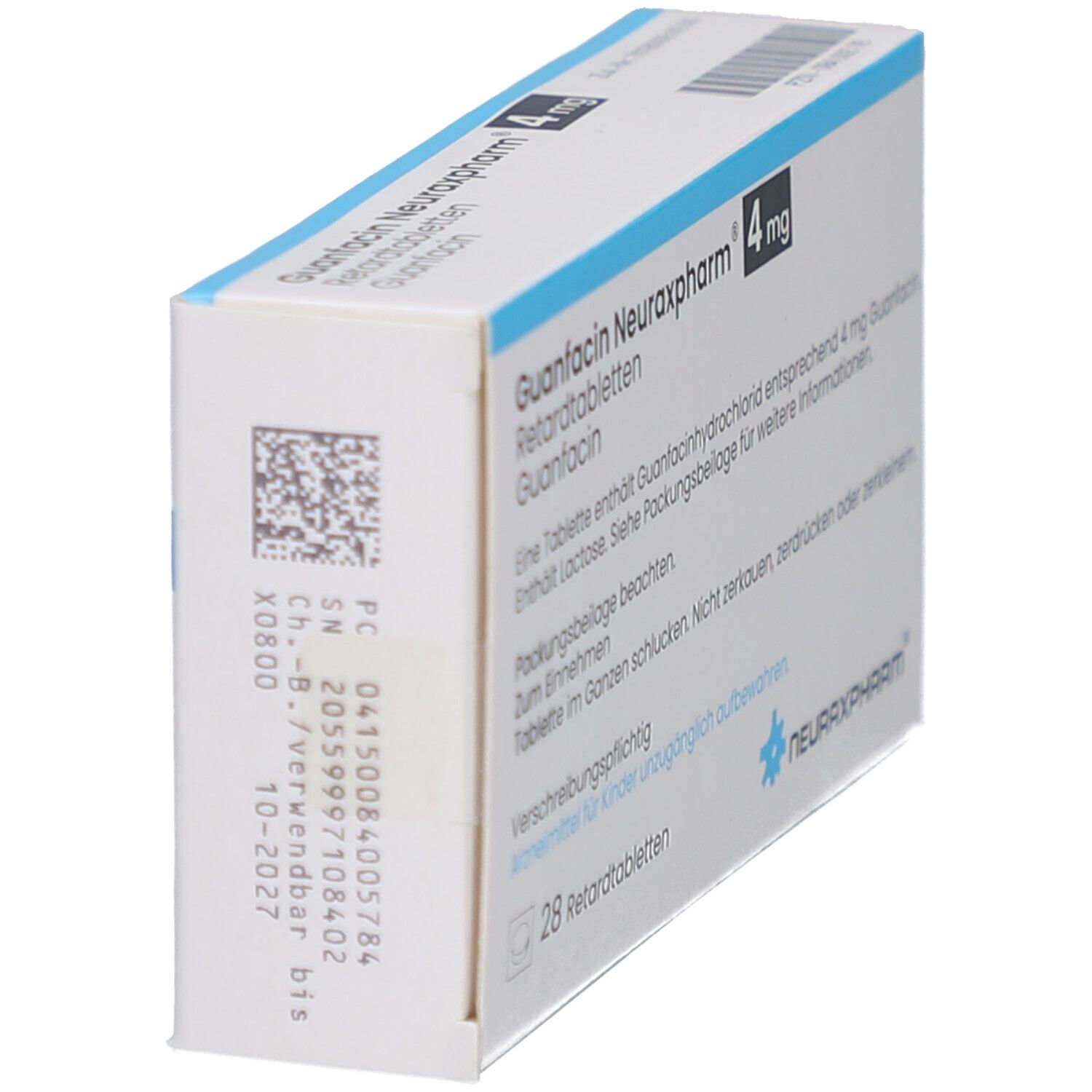 Schachtel GUANFACIN Neuraxpharm 4 mg, schräg von oben. Weiße Verpackung mit Chargennummer und Verfallsdatum.