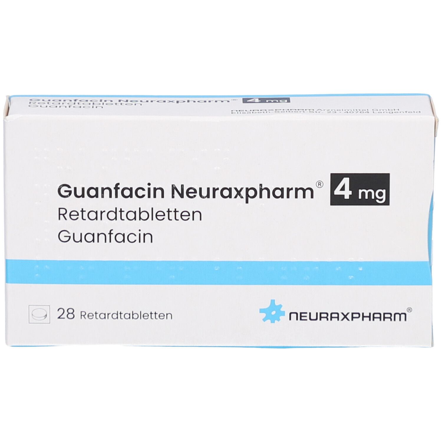 Schachtel mit GUANFACIN Neuraxpharm 4 mg Retardtabletten. Weiße Verpackung mit blauen Akzenten. 28 Tabletten.