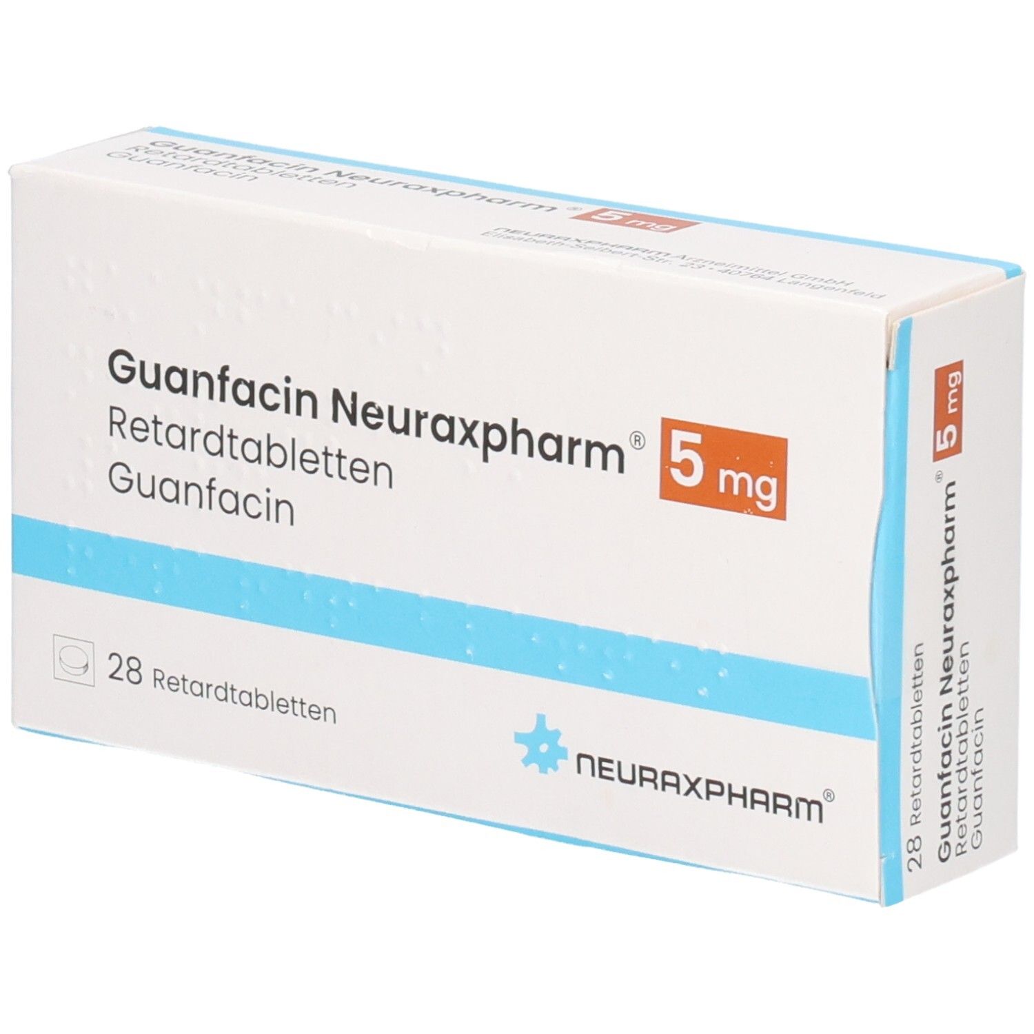 Schachtel GUANFACIN Neuraxpharm 5 mg Retardtabletten. Weiß, blau und orange. 28 Tabletten. Logo Neuraxpharm.