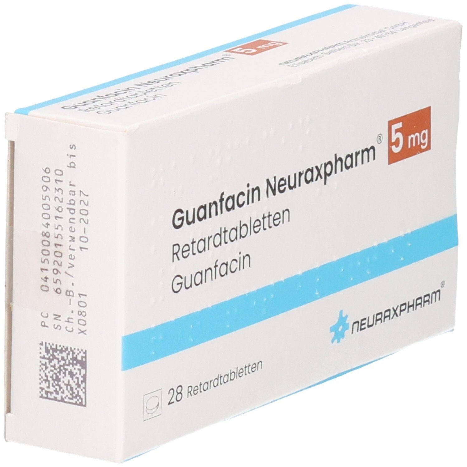 Schachtel GUANFACIN Neuraxpharm 5 mg Retardtabletten. Weiß, blau und orange. 28 Tabletten. Logo Neuraxpharm. Code und Verfallsdatum.