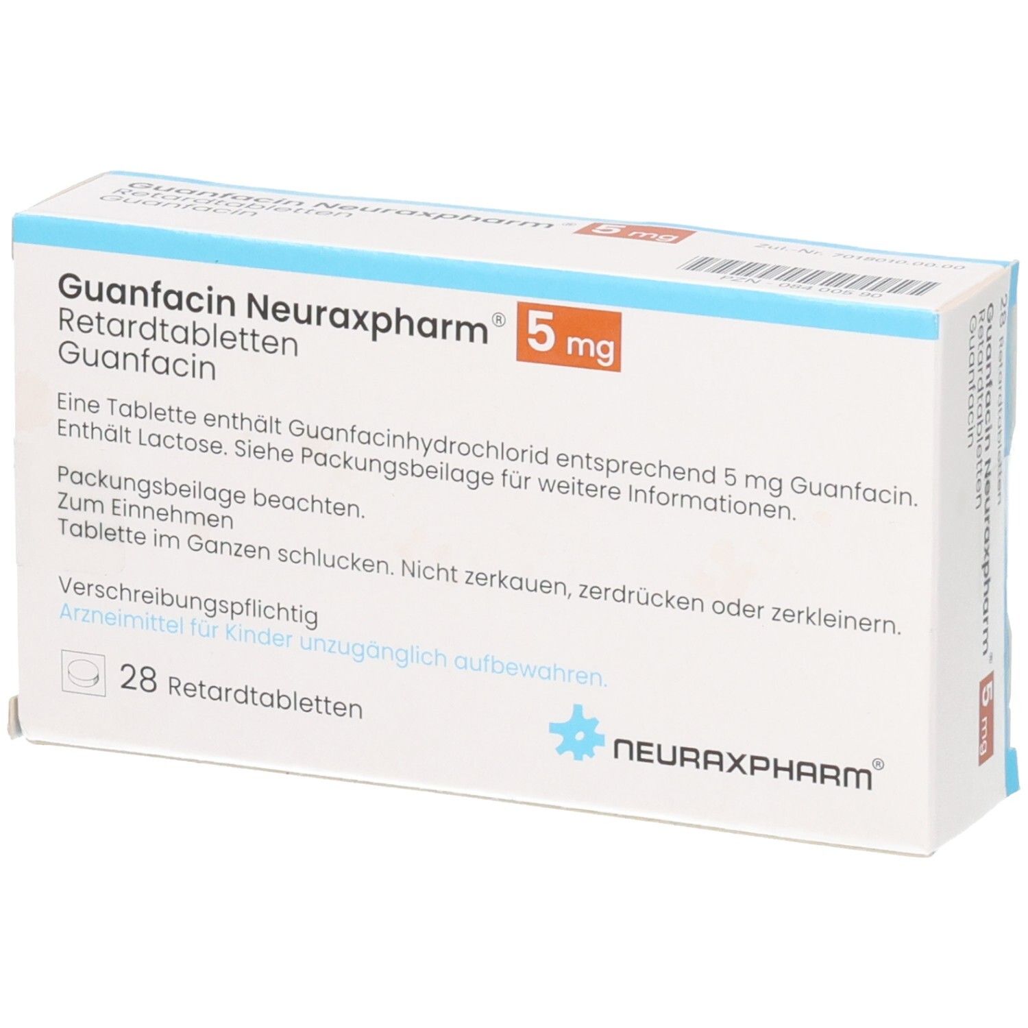 Schachtel GUANFACIN Neuraxpharm 5 mg Retardtabletten. Weiß, blau und orange. 28 Tabletten. Text und Logo Neuraxpharm.