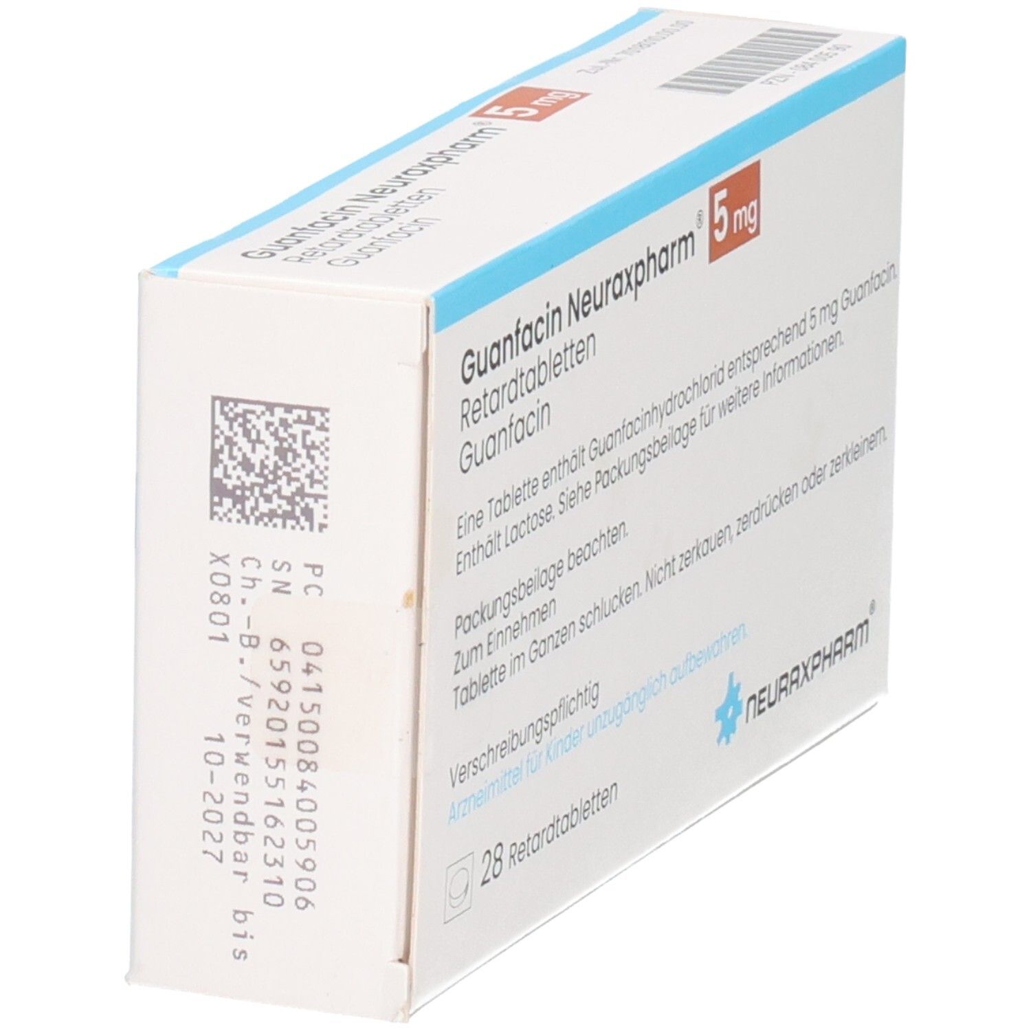 Schachtel GUANFACIN Neuraxpharm 5 mg Retardtabletten. Weiß, blau und orange. Code und Verfallsdatum. Logo Neuraxpharm.