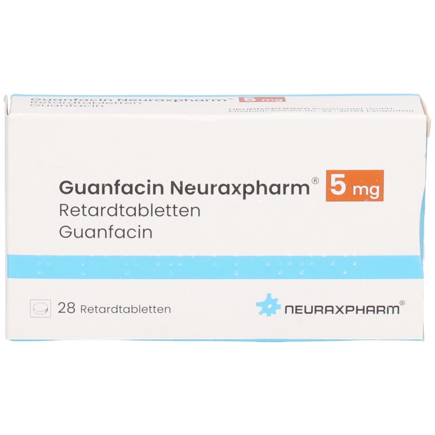 Schachtel GUANFACIN Neuraxpharm 5 mg Retardtabletten. Weiß, blau und orange. 28 Tabletten. Logo Neuraxpharm.