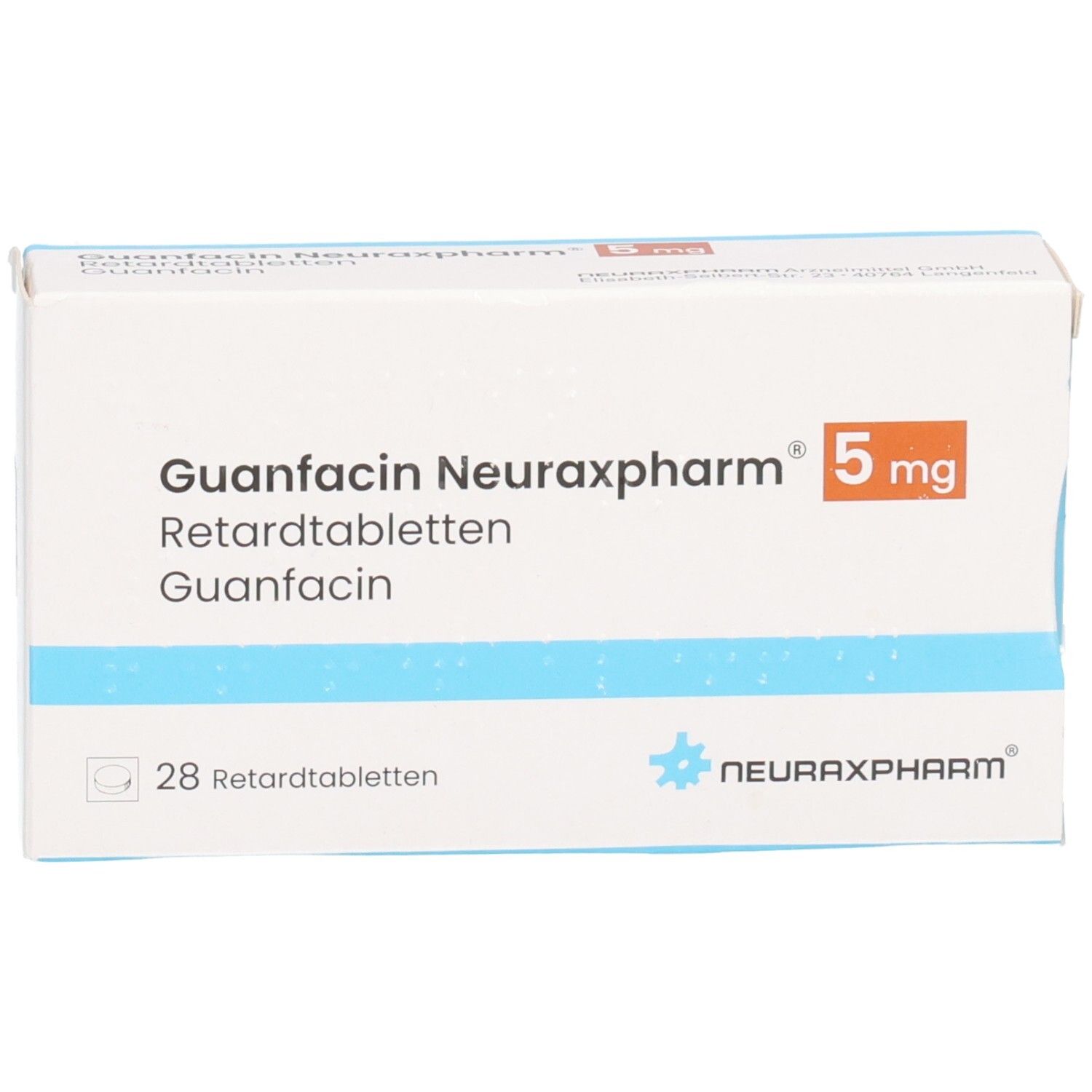 Schachtel GUANFACIN Neuraxpharm 5 mg Retardtabletten. Weiß, blau und orange. 28 Tabletten. Logo Neuraxpharm.
