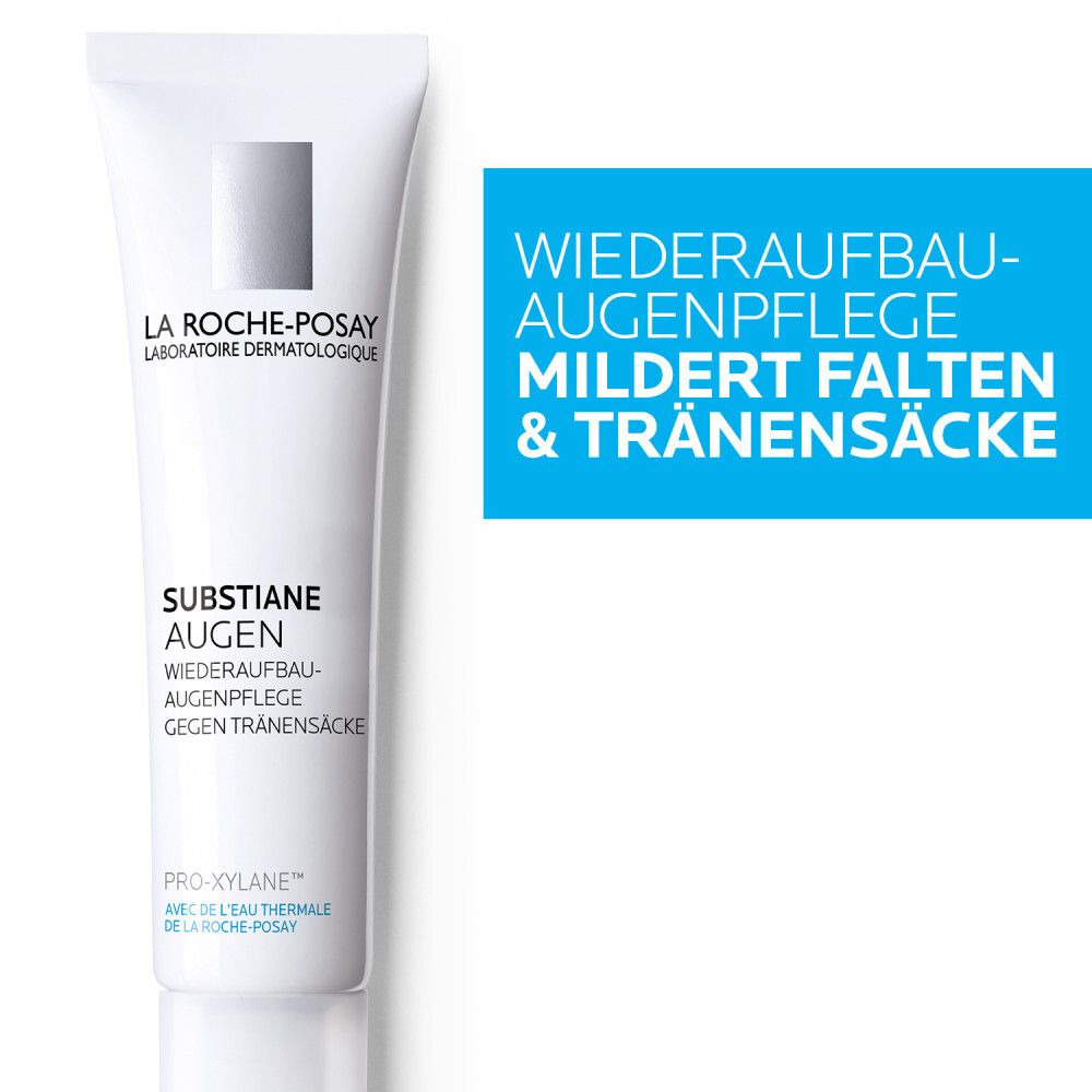 La Roche-Posay Substiane Augen Tube. Blaue Textbox mit 'Mildert Falten & Tränensäcke'.