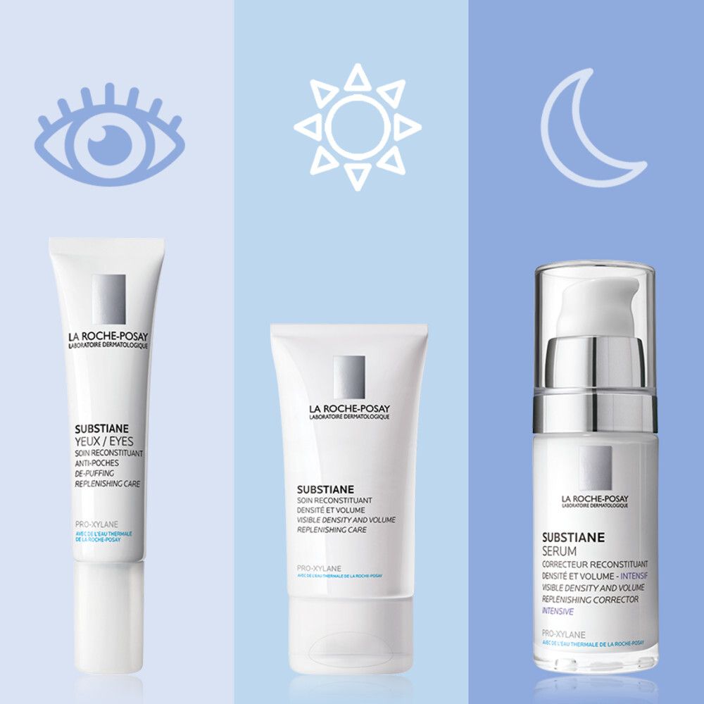 Drei Produkte: La Roche-Posay. Augenpflege, Tagescreme, Serum. Symbole: Auge, Sonne, Mond.