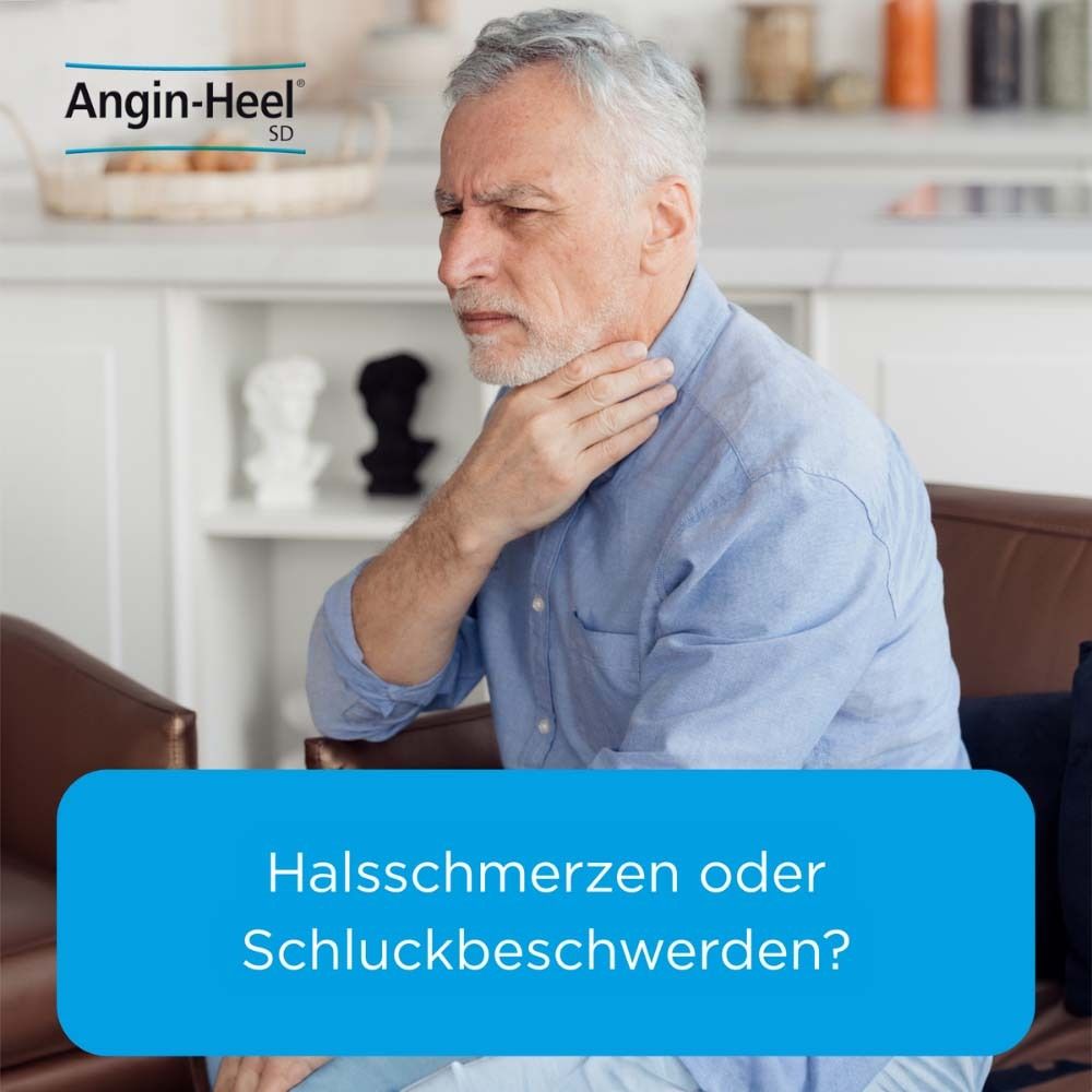 Mann hält sich den Hals. Text: Halsschmerzen oder Schluckbeschwerden? Angin-Heel SD Logo.